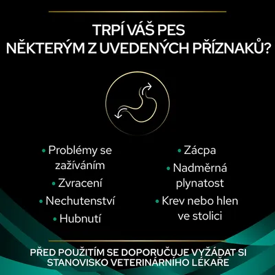 Trpí váš pes některým z uvedených příznaků? Problémy se zažíváním, zvracení, nechutenství, hubnutí, zácpa, nadměrná plynatost, krev nebo hlen ve stolici. Před použitím se doporučuje vyžádat si stanovisko veterinárního lékaře.