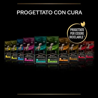 Confezioni di Purina Pro Plan Veterinary Diets per cani, varianti visibili. Testo: Progettato con cura. Bollino: Progettato per essere riciclabile.