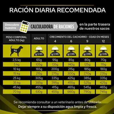 Tabla de ración diaria recomendada por peso corporal adulto y edad del cachorro en meses, con cantidades en gramos por 24 h desde 2,5 kg hasta 70 kg. Incluye consejo sobre agua limpia.