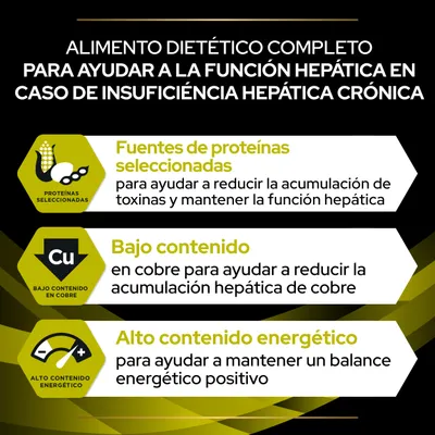 Alimento dietético completo para función hepática: fuentes de proteínas seleccionadas, bajo contenido en cobre y alto contenido energético. Texto en español.