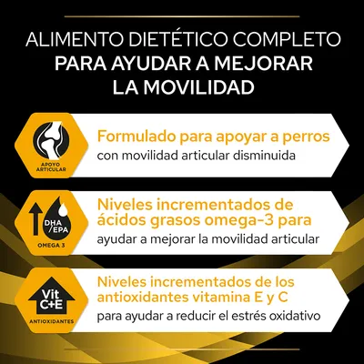 Alimento dietético completo para mejorar la movilidad. Formulado para perros con movilidad articular disminuida, omega-3 para articulaciones y antioxidantes vitamina E y C.