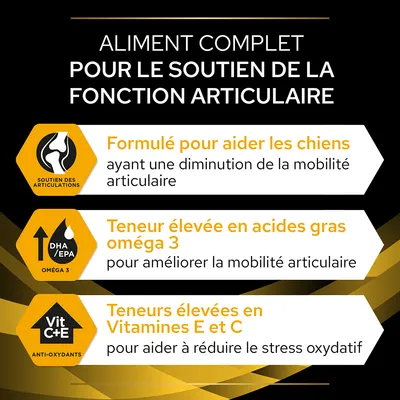 Aliment complet pour le soutien de la fonction articulaire : formulé pour aider les chiens à mobilité réduite, riche en oméga 3 et vitamines E et C pour réduire le stress oxydatif.