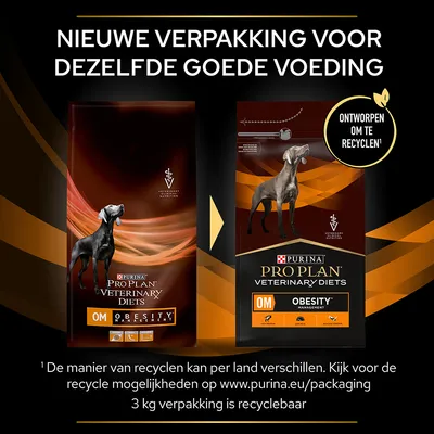 Nieuwe verpakking Purina Pro Plan Veterinary Diets OM Obesity Management hondenvoer, ontworpen om te recyclen. 3 kg verpakking is recyclebaar. Zelfde voeding, andere verpakking.
