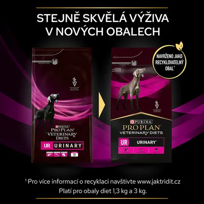 PURINA PRO PLAN VETERINARY DIETS UR URINARY pre psov, nové recyklovateľné obaly, porovnanie starého a nového balenia. Text v češtine: Stejně skvělá výživa v nových obalech.