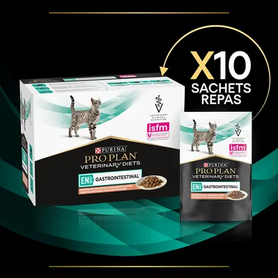 Purina Pro Plan Veterinary Diets EN Gastrointestinal pour chat, boîte de 10 sachets repas. Texte visible : isfm, Veterinary Clinical Nutrition.