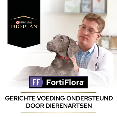Purina Pro Plan, FortiFlora. Gerichte voeding ondersteund door dierenartsen. Hond met rode halsband naast persoon in witte jas.