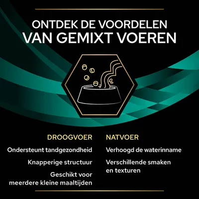 Ontdek de voordelen van gemixt voeren. Droogvoer: ondersteunt tandgezondheid, knapperige structuur, geschikt voor meerdere kleine maaltijden. Natvoer: verhoogd de waterinname, verschillende smaken en texturen.
