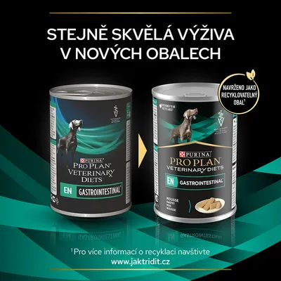 Dve konzervy Purina Pro Plan Veterinary Diets EN Gastrointestinal pre psov, starý a nový obal. Text: Navrhnuté ako recyklovateľný obal. Hlavný text v češtine.