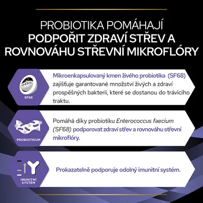 Probiotiká pomáhajú podporiť zdravie čriev a rovnováhu črevnej mikroflóry. Mikroenkapsulovaný kmeň SF68, probiotikum Enterococcus faecium, podpora imunity. Text v češtine.