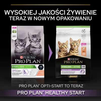Zmiana opakowania karmy Purina Pro Plan Sterilised Kitten: OptiStart zastąpione przez Healthy Start. Widoczne dwa różne opakowania z kotami i tekstem o nowej nazwie produktu.