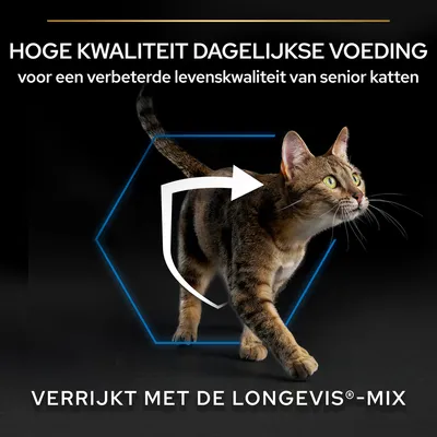 HOGE KWALITEIT DAGELIJKSE VOEDING voor een verbeterde levenskwaliteit van senior katten. VERRIJKT MET DE LONGEVIS®-MIX
