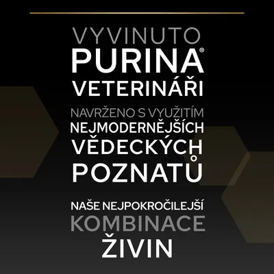 Text v češtine: Vyvinuto Purina veterináři. Navrženo s využitím nejmodernějších vědeckých poznatů. Naše nejpokročilejší kombinace živin.
