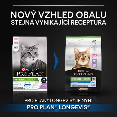 Porovnání starého a nového obalu krmiva PURINA PRO PLAN Sterilised Senior 7+ s textem: Nový vzhled obalu, stejná vynikající receptura. PRO PLAN LONGEVIS je nyní PRO PLAN LONGEVIS.