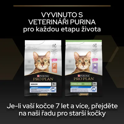 PURINA PRO PLAN Senior 7+ a Sterilised Senior 7+ krmivo pro kočky. Text: Vyvinuto s veterináři Purina pro každou etapu života. Doporučení pro kočky od 7 let.