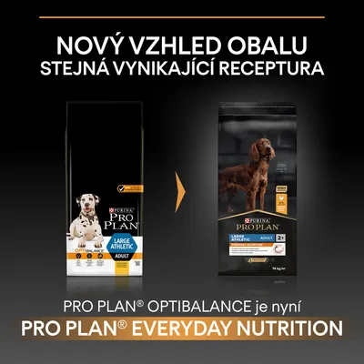 Porovnanie starého a nového balenia krmiva Purina Pro Plan Large Athletic Adult. Optibalance je teraz Everyday Nutrition. Text: Nový vzhled obalu, stejná vynikající receptura.