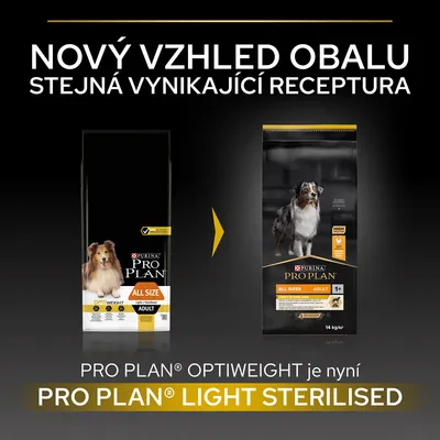 Porovnání starého a nového obalu krmiva Purina Pro Plan All Size Adult pro psy. Text: Nový vzhled obalu, stejná vynikající receptura. PRO PLAN OPTIWEIGHT je nyní PRO PLAN LIGHT STERILISED.