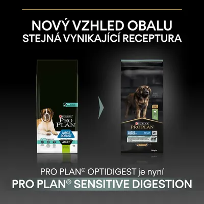 Porovnanie starého a nového obalu krmiva Purina Pro Plan Large Robust Adult. Text: Nový vzhled obalu, stejná vynikající receptura. PRO PLAN OPTIDIGEST je nyní PRO PLAN SENSITIVE DIGESTION.