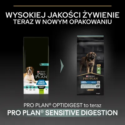 Purina Pro Plan Large Robust Adult: zmiana opakowania i nazwy z Optidigest na Sensitive Digestion. Wysokiej jakości żywienie teraz w nowym opakowaniu.