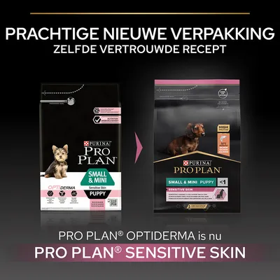 Vergelijking oude en nieuwe verpakking: PURINA PRO PLAN Small & Mini Puppy Sensitive Skin. Tekst: prachtige nieuwe verpakking, zelfde vertrouwde recept. Optiderma heet nu Sensitive Skin.