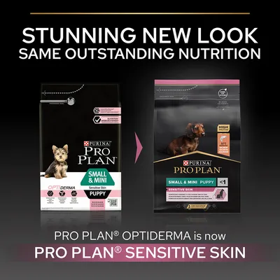 Purina Pro Plan Small & Mini Puppy dog food packaging rebrand from Optiderma to Sensitive Skin. Text: Stunning new look, same outstanding nutrition. Pro Plan Optiderma is now Pro Plan Sensitive Skin.
