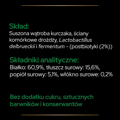 Skład: suszona wątroba kurczaka, ściany komórkowe drożdży, Lactobactillus delbrueckii i fermentum (postbiotyki 2%). Białko 60,9%, tłuszcz 15,6%, popiół 5,1%, włókno 0,2%. Bez dodatku cukru itp.