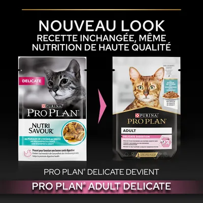 Nouveau look pour PURINA PRO PLAN Delicate, devient PRO PLAN Adult Delicate. Recette inchangée, même nutrition de haute qualité. Deux sachets visibles avec chats et textes descriptifs.