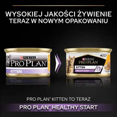 Zmiana opakowania karmy PURINA PRO PLAN Kitten na nowe: PRO PLAN Kitten Healthy Start. Widoczne oba warianty puszek oraz informacja o wysokiej jakości żywieniu. Zmiana opakowania karmy PURINA PRO PLAN Kitten na nowe: PRO PLAN Kitten Healthy Start. Widoczne oba warianty puszek oraz informacja o wysokiej jakości żywieniu.