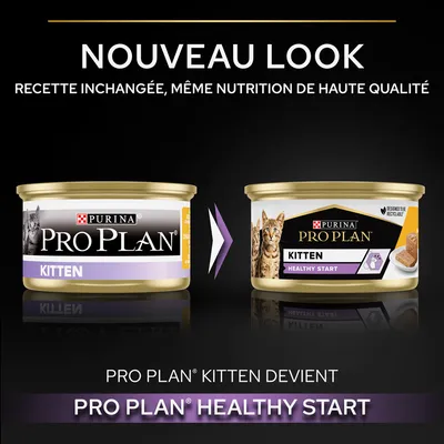 Nouveau look : Purina Pro Plan Kitten devient Pro Plan Healthy Start. Recette inchangée, même nutrition de haute qualité. Deux boîtes montrant l’ancien et le nouveau design.
