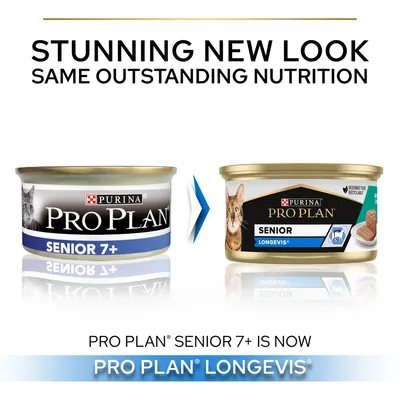 Purina Pro Plan Senior 7+ -kissanruoka uudistuu: uusi nimi Pro Plan LongevIs Senior. Kuvassa vanha ja uusi pakkaus vierekkäin, teksti englanniksi.