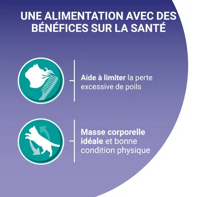 UNE ALIMENTATION AVEC DES BÉNÉFICES SUR LA SANTÉ : aide à limiter la perte excessive de poils, masse corporelle idéale et bonne condition physique.