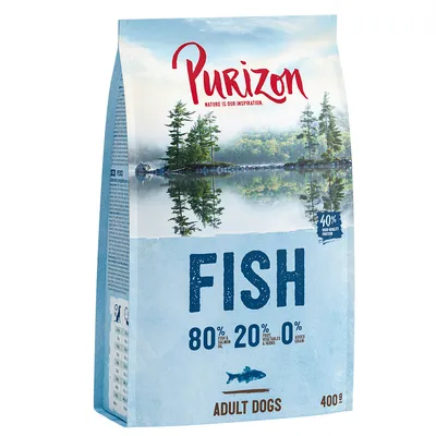 Purizon Trockenfutter für Hunde, Sorte Fish. 80% Fisch & Lachsöl, 20% Obst, Gemüse & Kräuter, 0% Getreide. 400g Packung, 40% hochwertiges Protein.
