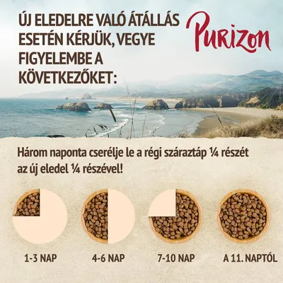 Purizon márka. Új eledelre való átállás: 1–3 nap ¼ új táp, 4–6 nap ½, 7–10 nap ¾, 11. naptól teljesen új táp. Háromnaponta cserélje le a régi száraztáp ¼ részét az újjal.