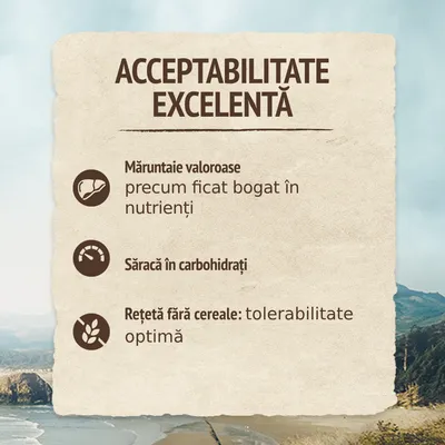 Acceptabilitate excelentă. Măruntaie valoroase precum ficat bogat în nutrienți. Săracă în carbohidrați. Rețetă fără cereale: tolerabilitate optimă.