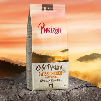 Purizon Mini Swiss Chicken mit Hanföl, kaltgepresst. Analyse: 55% Protein, 45% Fett, 0% Zucker. Verpackungseinheit: 1 kg.