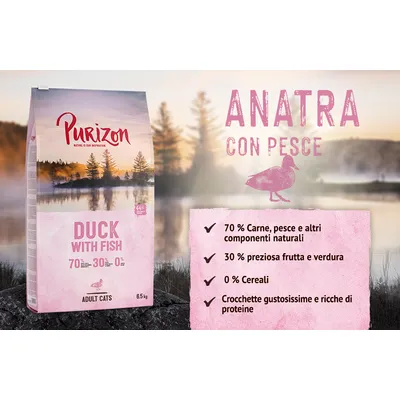 Purizon Anatra con Pesce, DUCK WITH FISH per gatti adulti 6,5 kg. 70 % carne, pesce e componenti naturali, 30 % frutta e verdura, 0 % cereali, crocchette ricche di proteine.