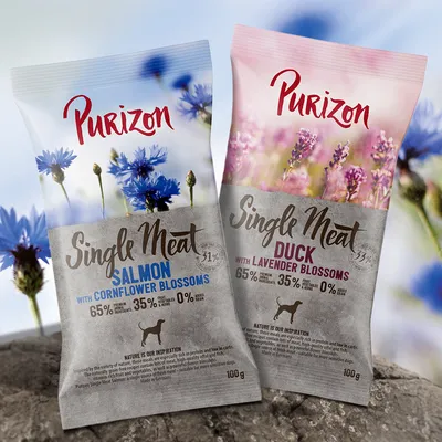 Purizon Single Meat Trockenfutter für Hunde: Lachs mit Kornblumen, Ente mit Lavendel. 65% Fleischanteil, 35% Gemüse, 0% Getreide. Verpackungsgröße 100g.