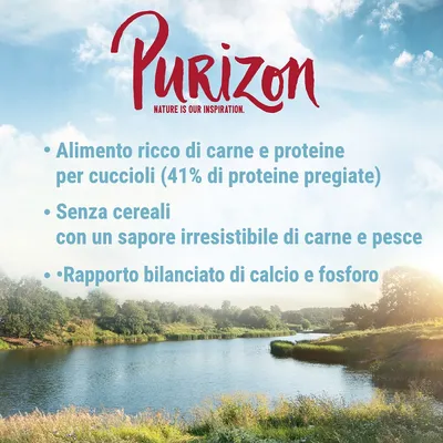 Purizon. Alimento ricco di carne e proteine per cuccioli (41% di proteine pregiate), senza cereali, sapore di carne e pesce, rapporto bilanciato di calcio e fosforo.