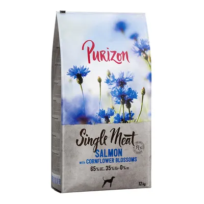 Purizon Single Meat Salmon with Cornflower Blossoms, 65% zalm, 35% geselecteerde ingrediënten, 0% granen, verpakking van 12 kg zichtbaar.