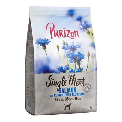 Purizon Single Meat Salmon with Cornflower Blossoms hondenvoer, 65% dierlijke ingrediënten, 35% fruit & groenten, 0% graan, 1 kg zak zichtbaar.