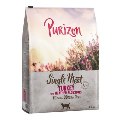 Purizon Single Meat Turkey mit Heideblüten, 70% tierische Zutaten, 30% Obst und Gemüse, 0% Getreide. Packungsgröße: 2,5 kg.