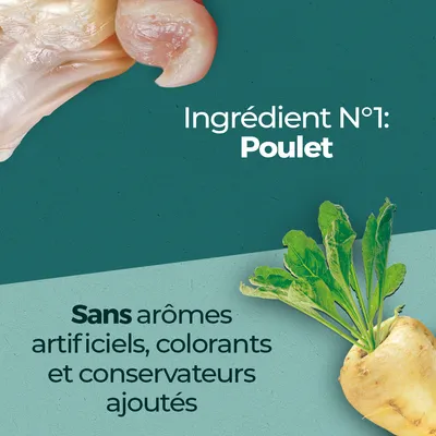 Ingrédient N°1 : Poulet. Sans arômes artificiels, colorants et conservateurs ajoutés. Image de poulet cru et d’un légume racine.