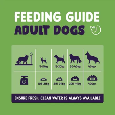 Feeding guide for adult dogs: 5-15kg need 105-215g, 15-30kg need 215-395g, 30-40kg need 395-490g, over 40kg need 490g+. Ensure fresh, clean water is always available.
