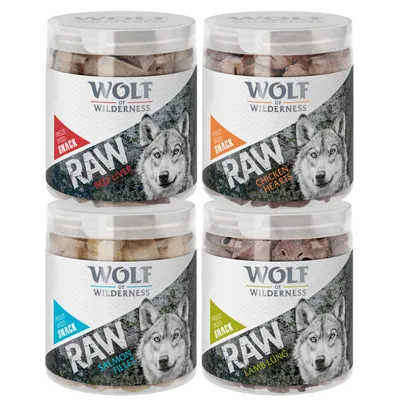 Wolf of Wilderness RAW Snacks: Beef Liver, Chicken Hearts, Salmon Fillet, Lamb Lung. Gefriergetrocknete Snacks in transparenten Dosen.