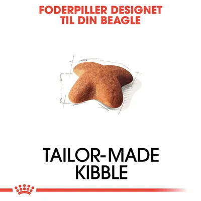 Foderpiller designet til din Beagle. TAILOR-MADE KIBBLE. Billede af en foderpille med unik form, tekst på både dansk og engelsk.