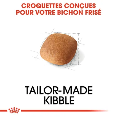 Texte : Croquettes conçues pour votre bichon frisé. TAILOR-MADE KIBBLE. Image d’une croquette carrée sur fond blanc.