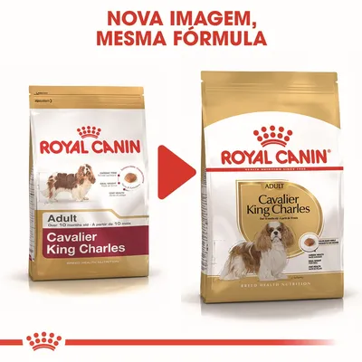 Comparação de embalagens Royal Canin Adult Cavalier King Charles, com texto: 'Nova imagem, mesma fórmula'. Ambas mostram cão da raça e detalhes do produto visíveis.