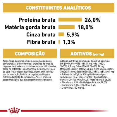 Constituintes analíticos: proteína bruta 26 %, matéria gorda bruta 18 %, cinza bruta 5,9 %, fibra bruta 1,3 %. Composição e aditivos detalhados para alimento de animal.