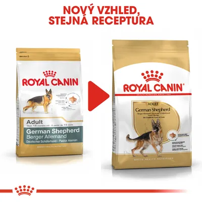 Porovnání starého a nového obalu krmiva Royal Canin Adult German Shepherd s textem: Nový vzhled, stejná receptura.