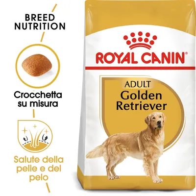 ROYAL CANIN ADULT Golden Retriever, crocchetta su misura, salute della pelle e del pelo, confezione di alimento per cani con immagine di un Golden Retriever.
