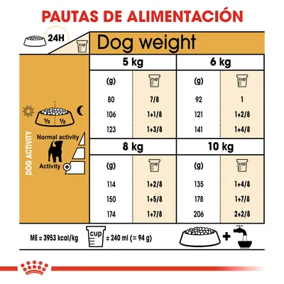 Tabla de pautas de alimentación para perros de 5, 6, 8 y 10 kg según actividad, en gramos y tazas. Incluye equivalencia: 1 taza = 240 ml (≈94 g) y energía: 3953 kcal/kg.
